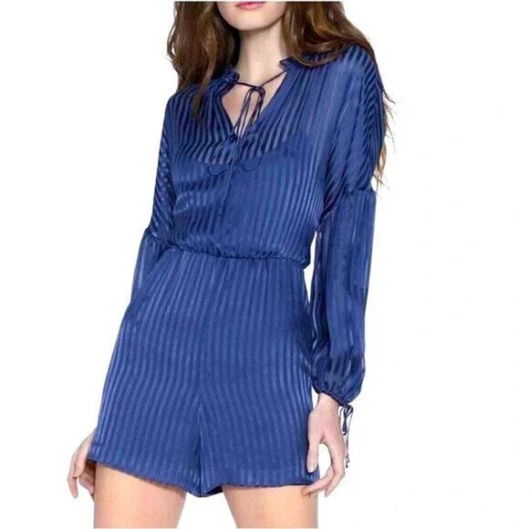 Alice + Olivia Callan Silk Romper striped blue long sleeve size US 4 - Picture 1 of 8